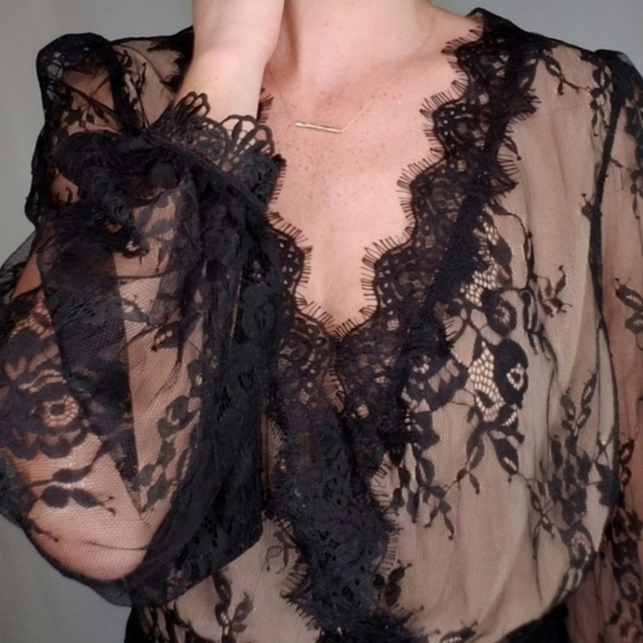 Black Lace Plunging V-Neck Cropped Top - Picture 5 of 8